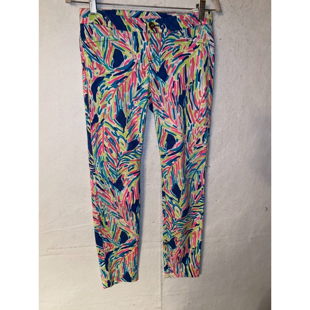 Lilly Pulitzer Pants Womens 0 Pink Blue Yellow Splatter Artsy Abstract Coral